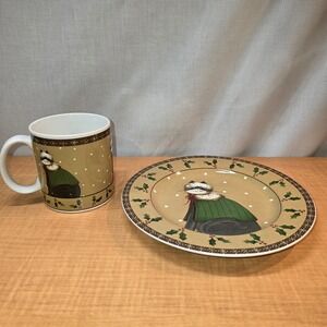 The Sakura‎ Table Cozy Cats Fiddlestix 4" Mug and 8" Plate Cat in Green Sweater